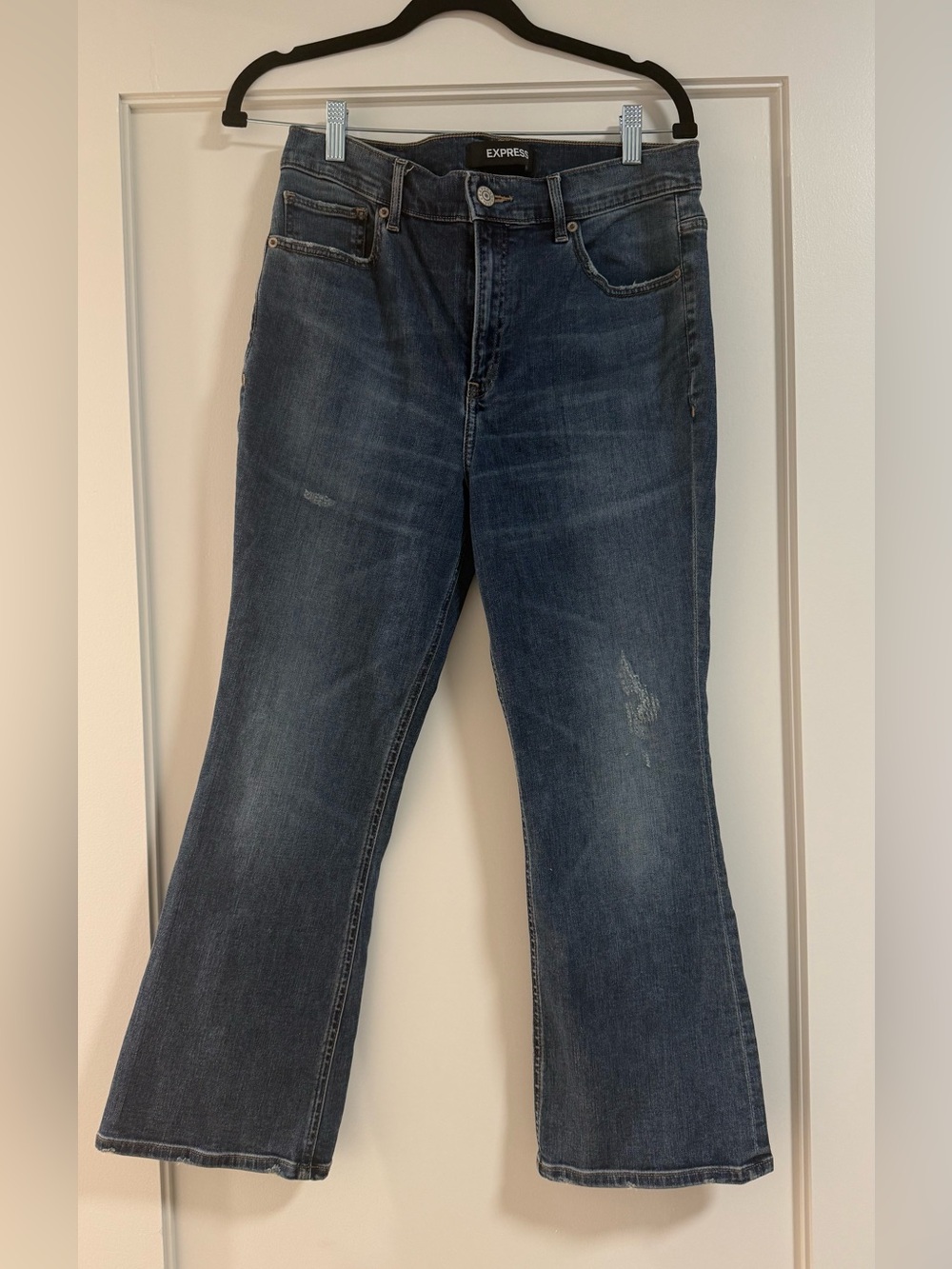 Express Cropped Flare slight distressed Blue Flare Jeans